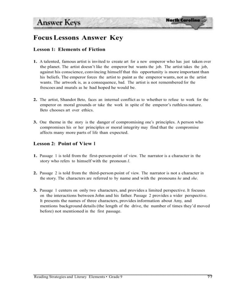 Focus Lessons Answer Key Lesson 1 Elements Of Fiction 1 A