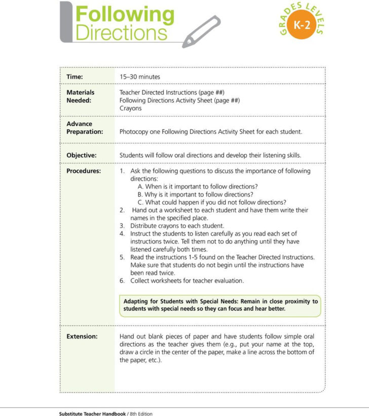 Following Directions Worksheet