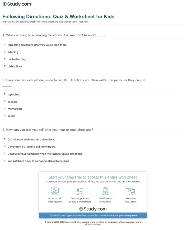 Following Directions Quiz  Worksheet For Kids  Study