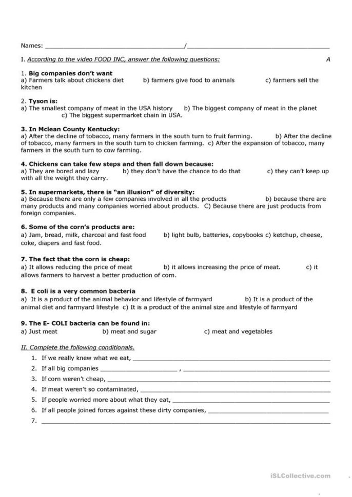 Food Inc  English Esl Worksheets