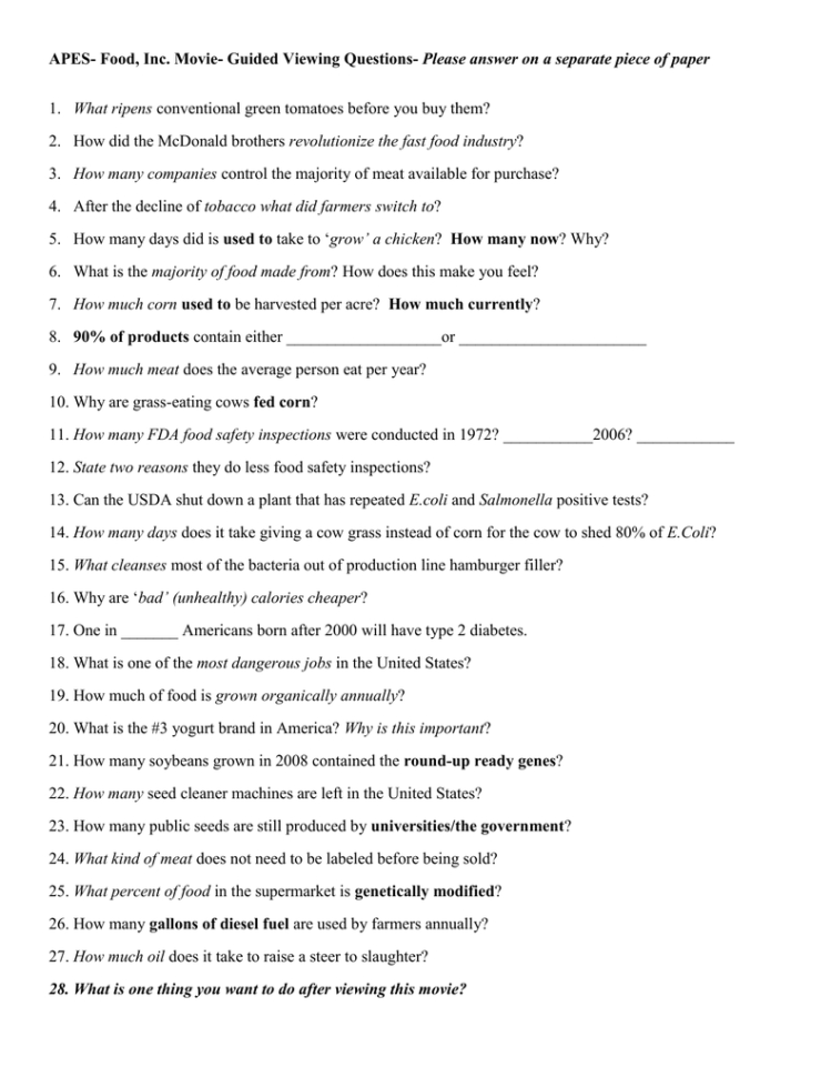 Food Inc"  Movie Questions