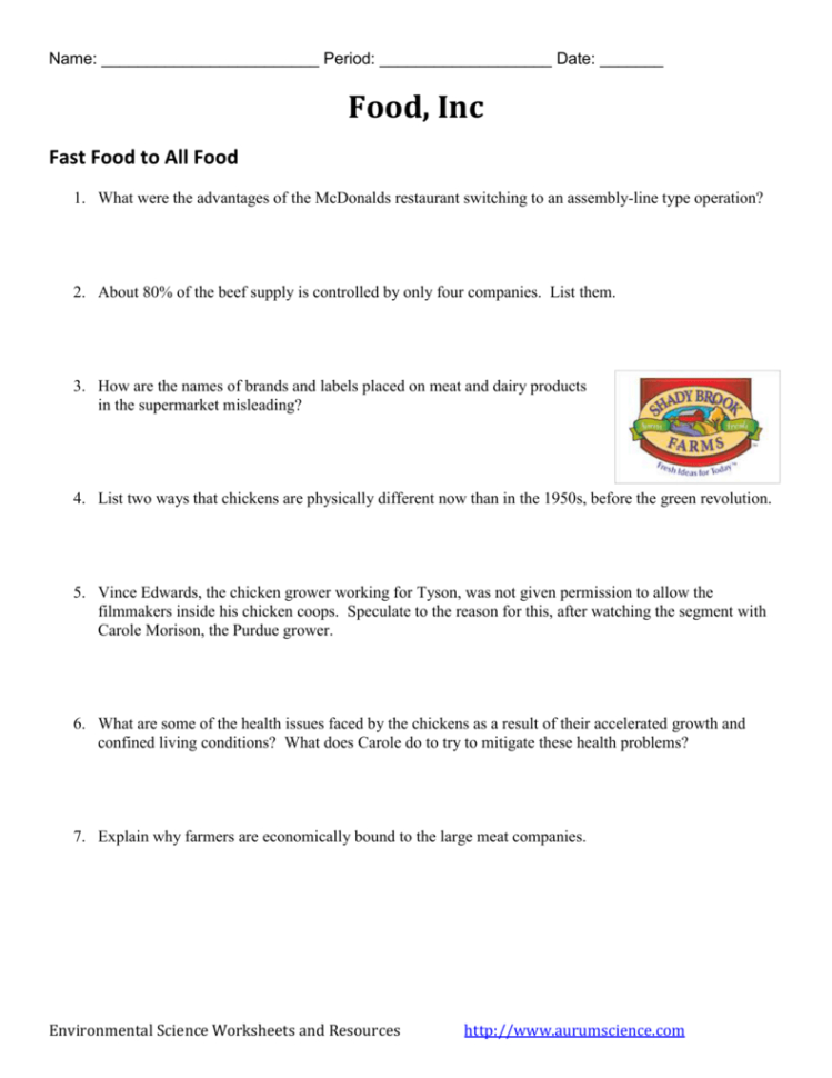 Food Inc Worksheet Answers