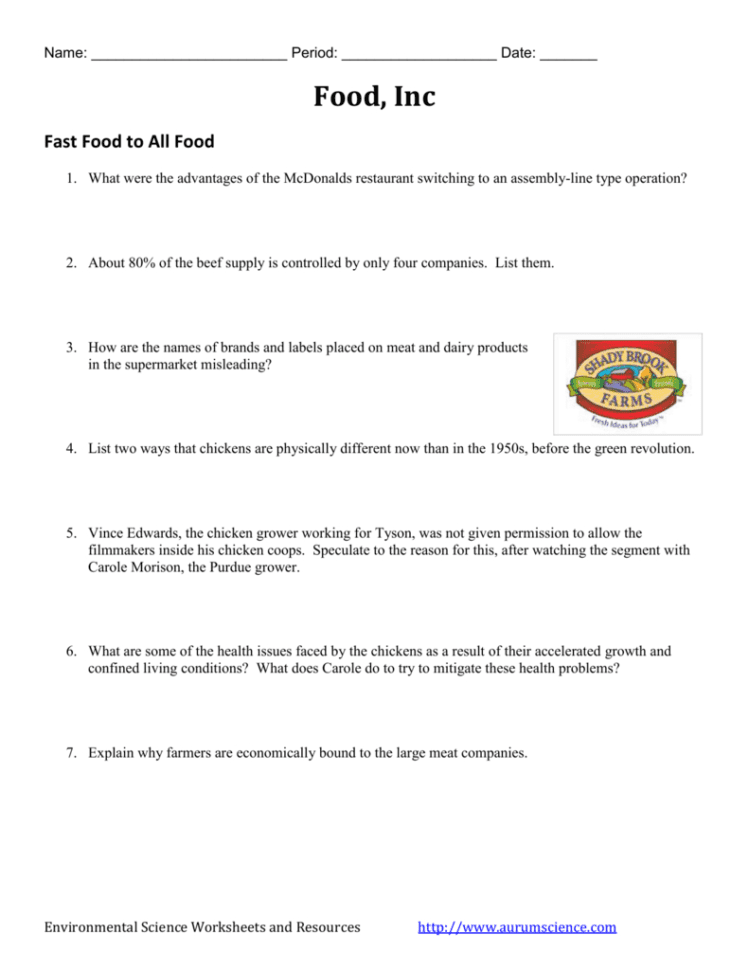 Food Inc  Video Worksheet