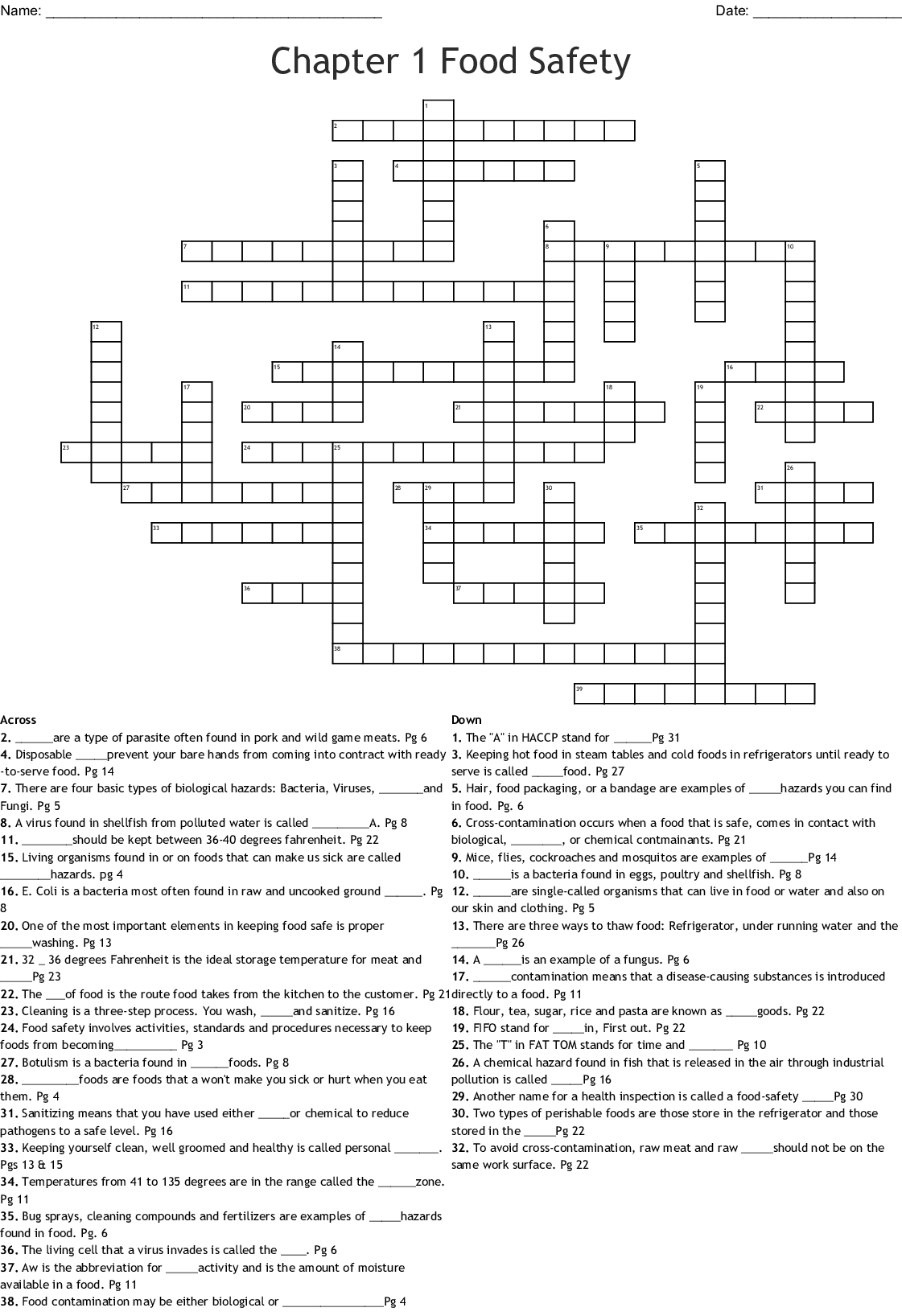 Food Safety And Sanitation Crossword  Word
