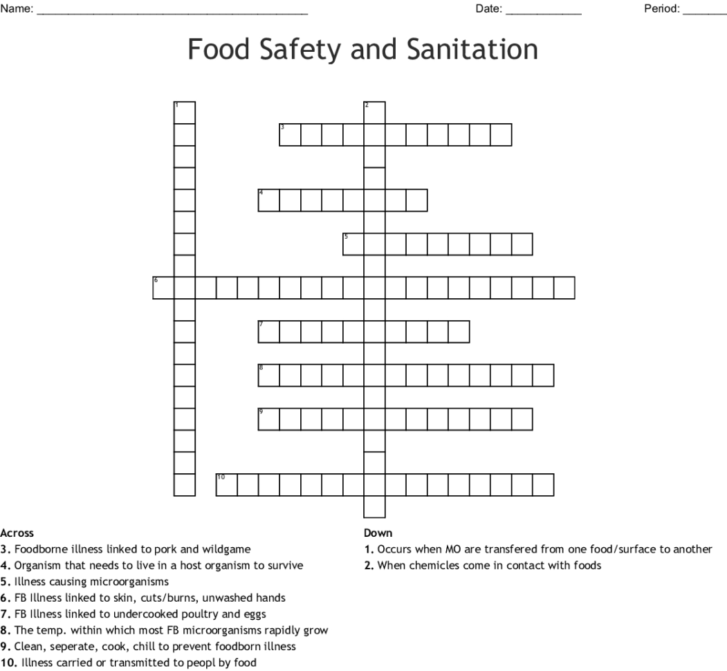 Food Safety And Sanitation Crossword  Word
