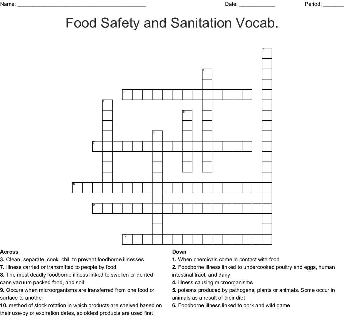 Food Safety And Sanitation Vocab Crossword  Word