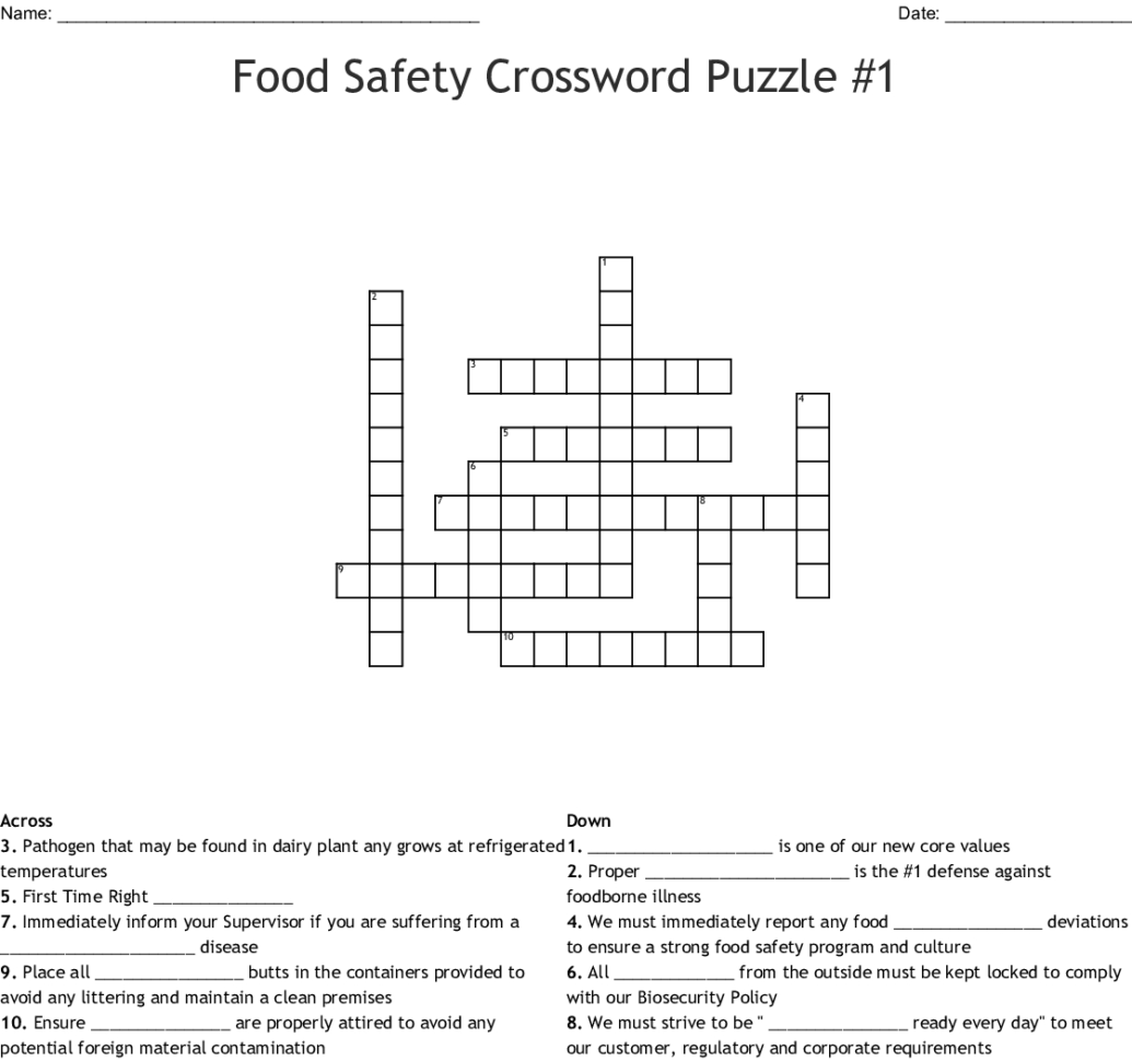 Food Safety Crossword Puzzle 1 Word — Db-excel.com