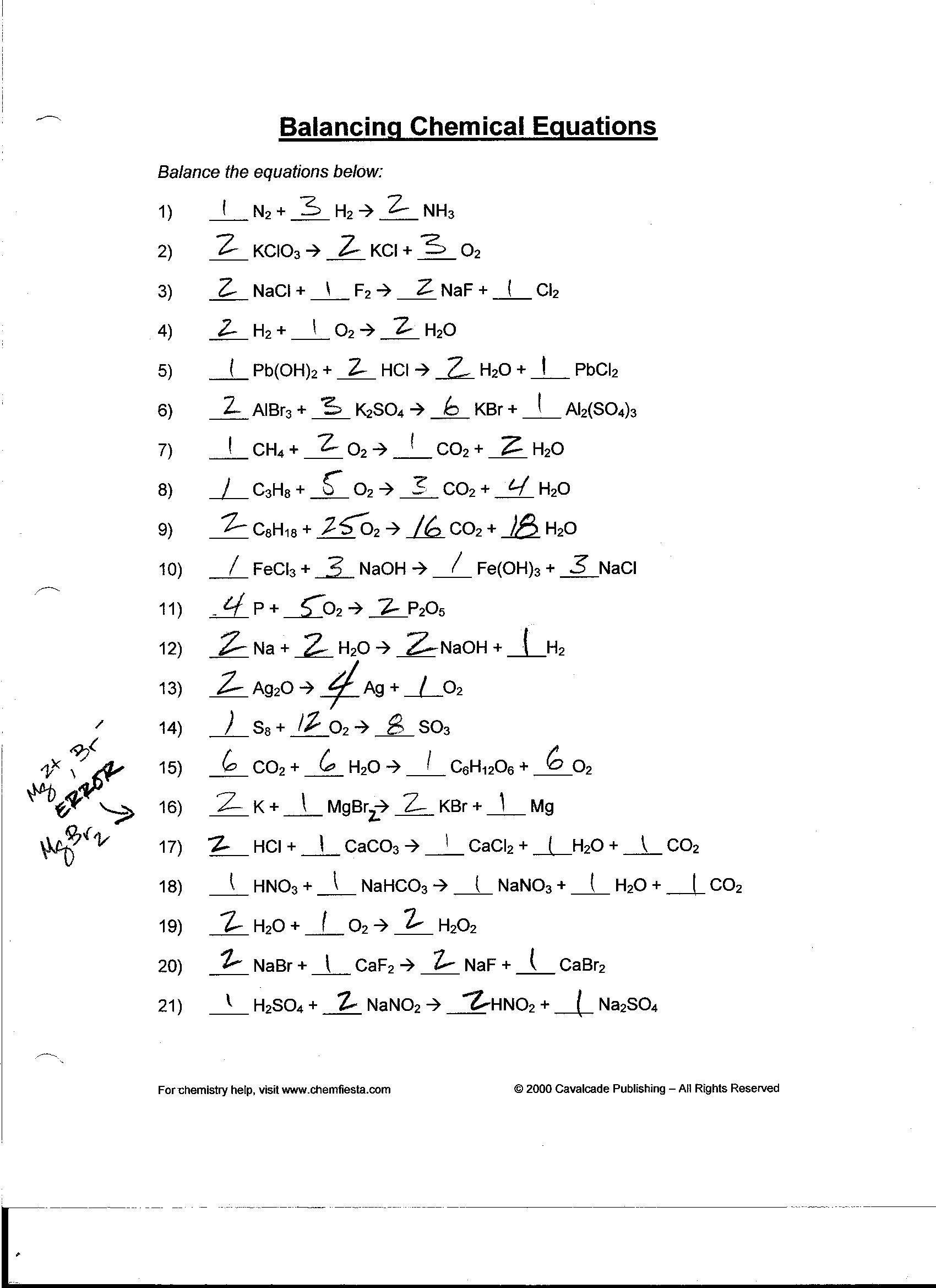 Chemistry Balancing Chemical Equations Worksheet Answer Key - Chemical