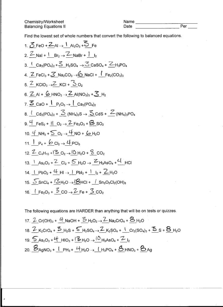 Balancing Chemical Equations Worksheet Answers