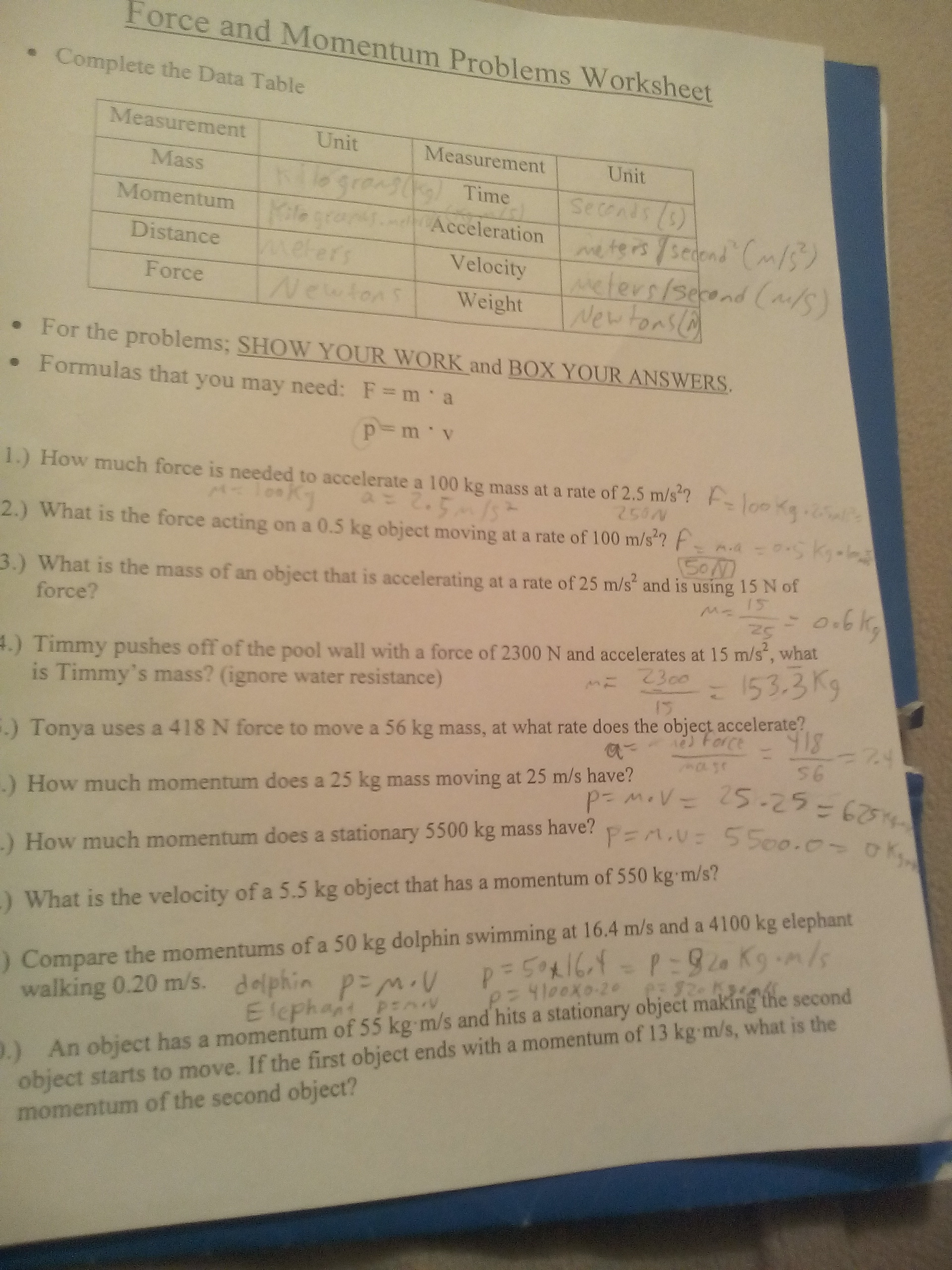 Force And Momentum Problems Worksheet Answers  Power Of Knowledge
