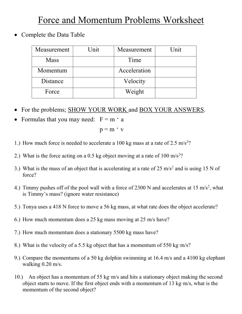 Momentum And Impulse Worksheet Answers