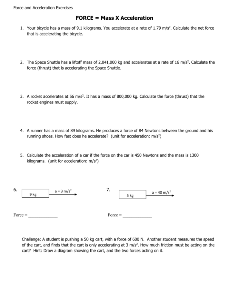 Practice Worksheet Net Force And Acceleration