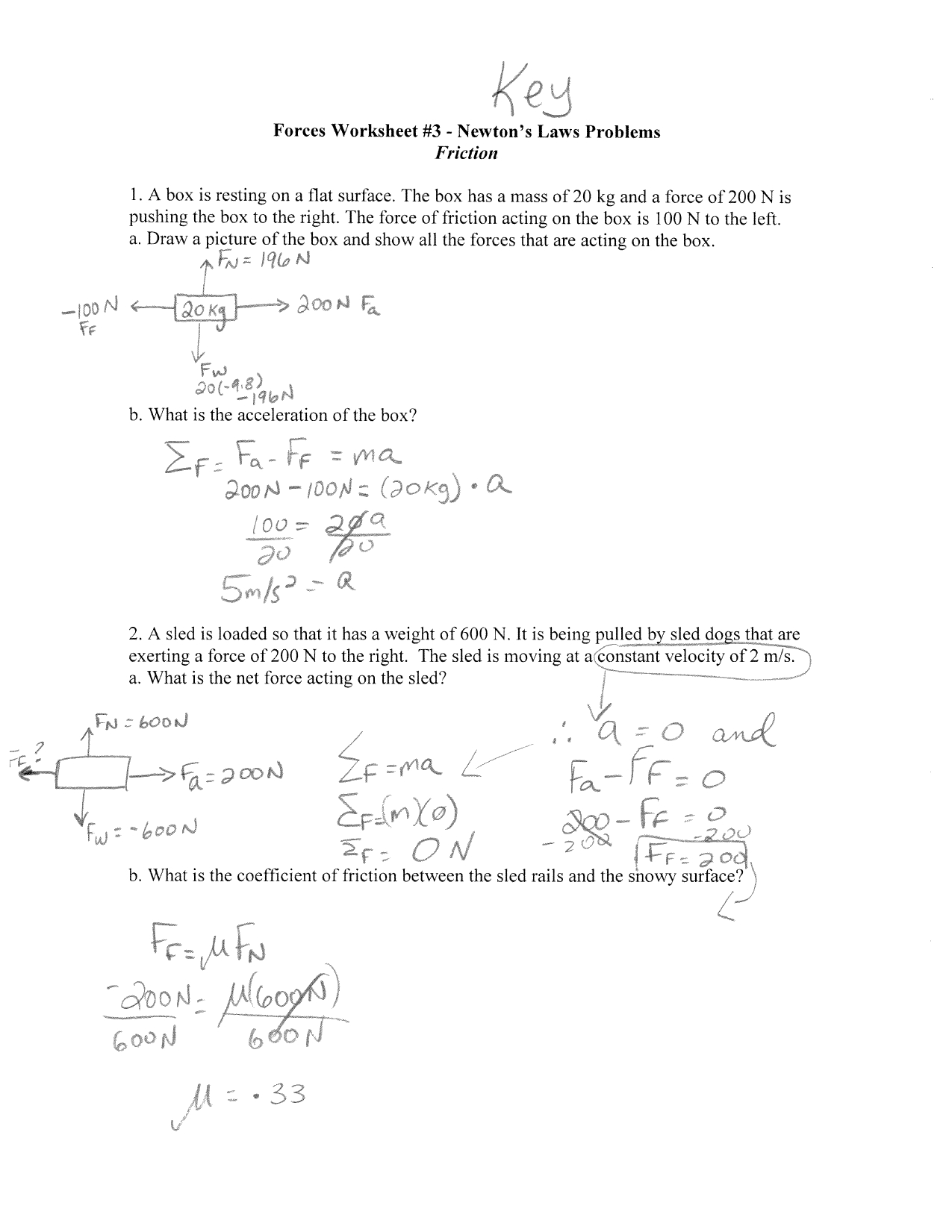 Forces And Friction Practice Worksheet Answer Key Math