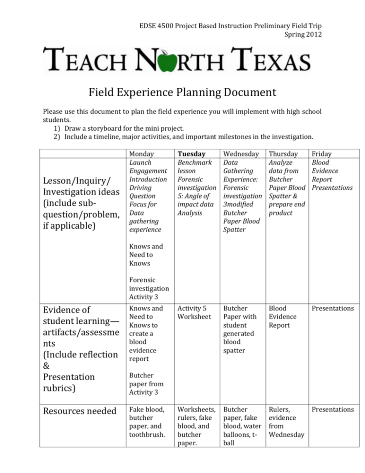 Forensic Science Field Experience Investigation Plan