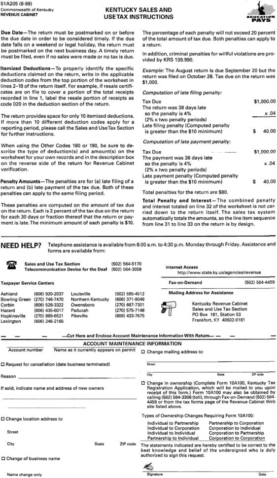 Form 51A205  Kentucky Sales And Use Tax Instructions