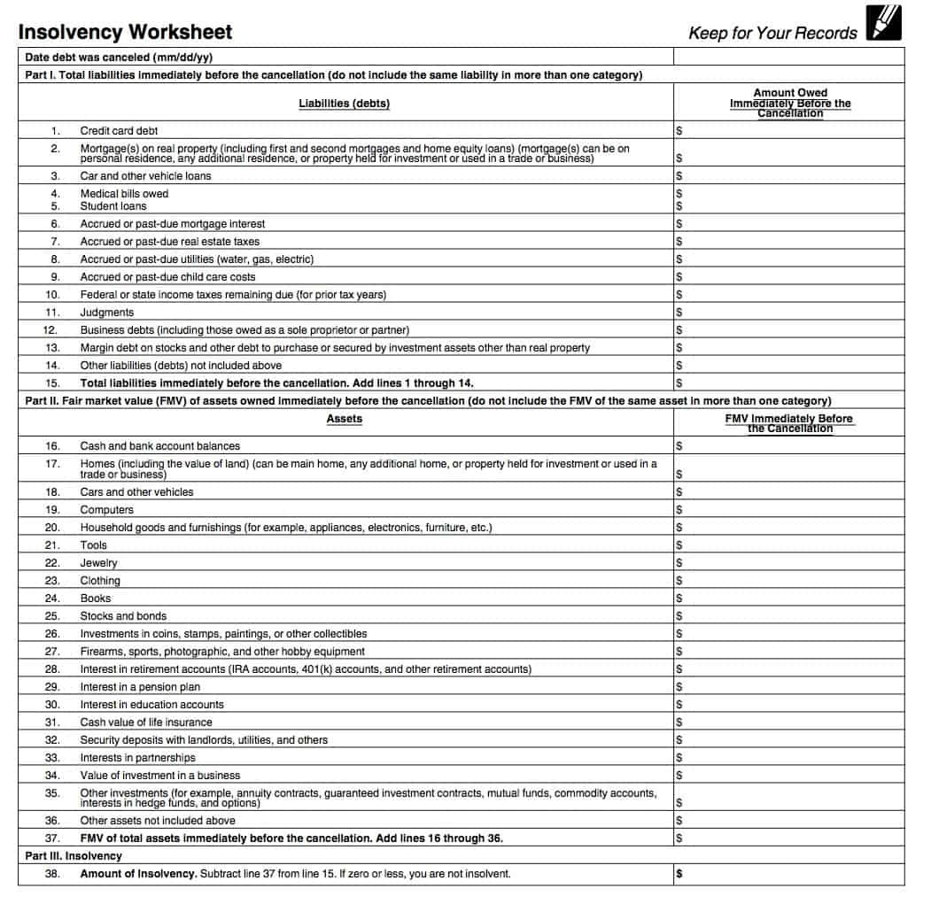Form 982 Insolvency Worksheet Db excel