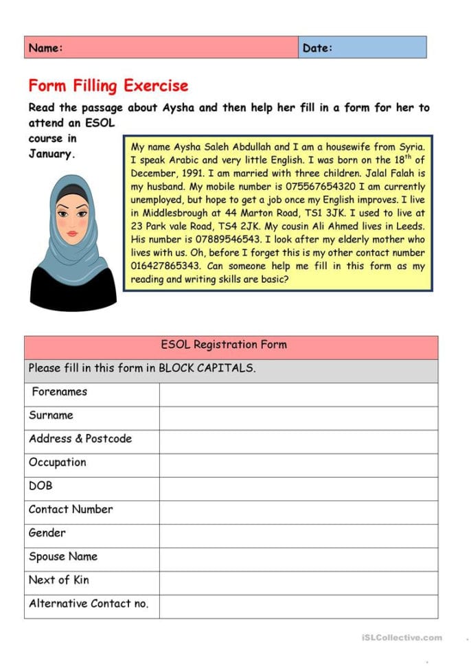 Form Filling Exercise  English Esl Worksheets