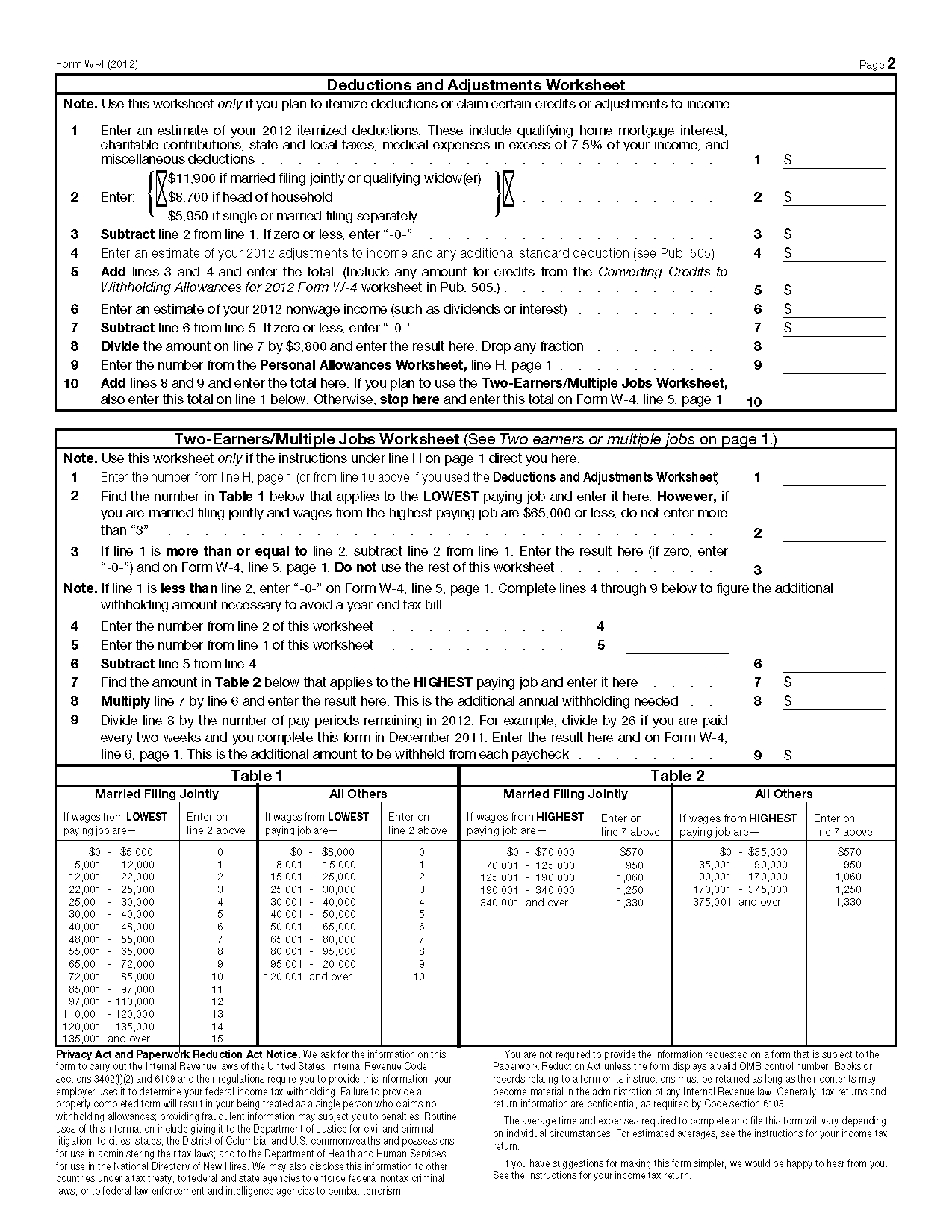 Instructions For The Two Earners Multiple Jobs Worksheet