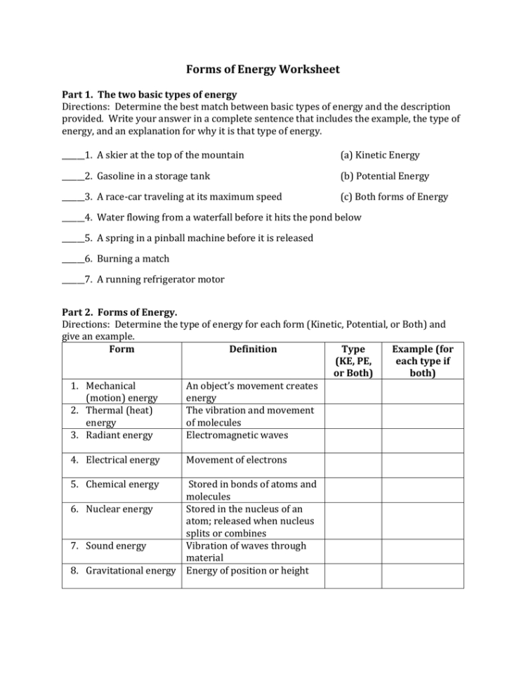 Forms Of Energy Worksheet