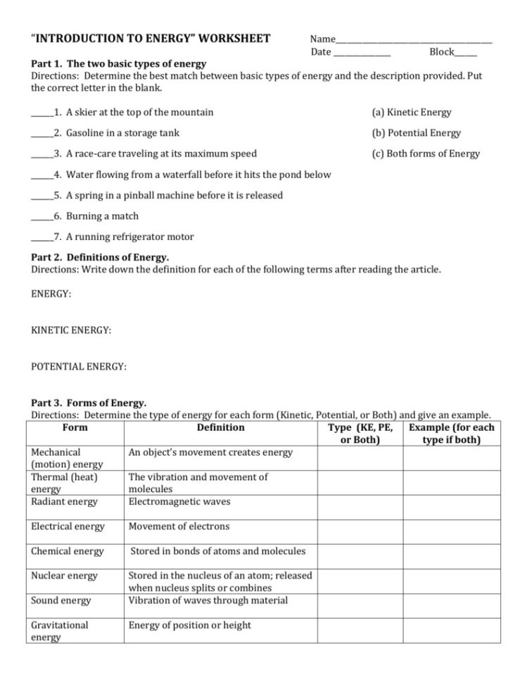 Forms Of Energy Worksheet Answer Key Multiplication
