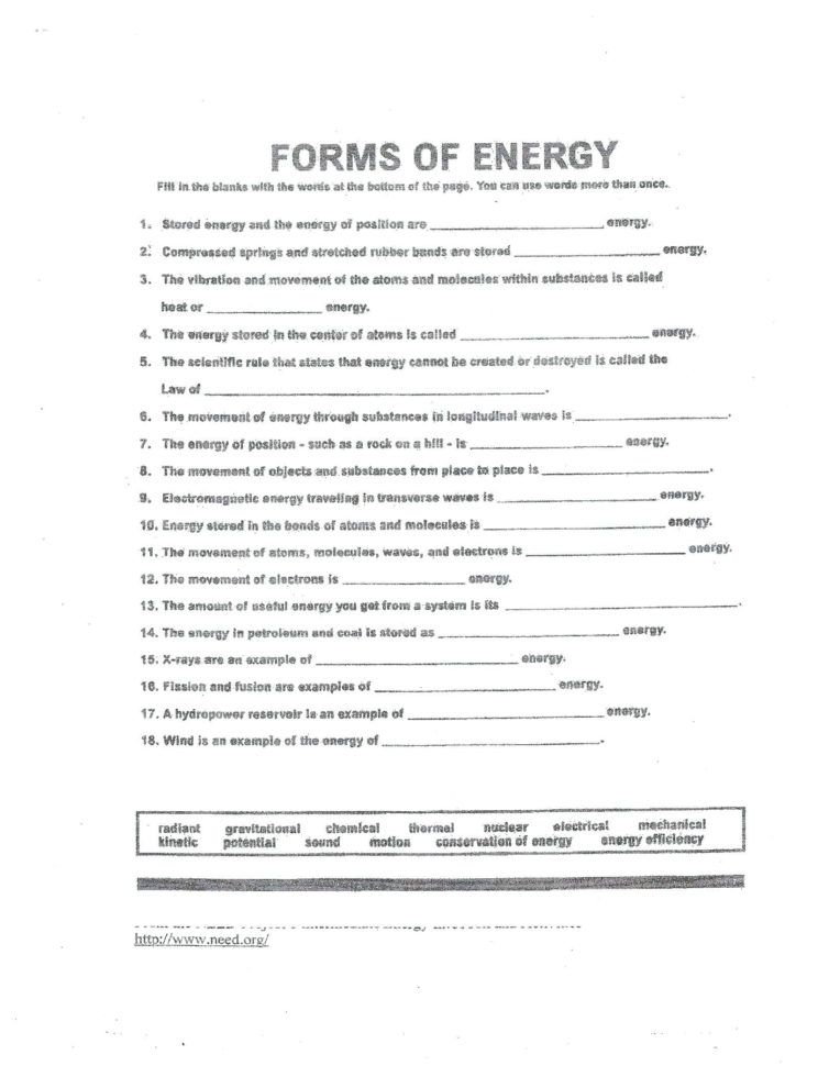 Forms Of Energy Worksheet Energy Forms And Changes