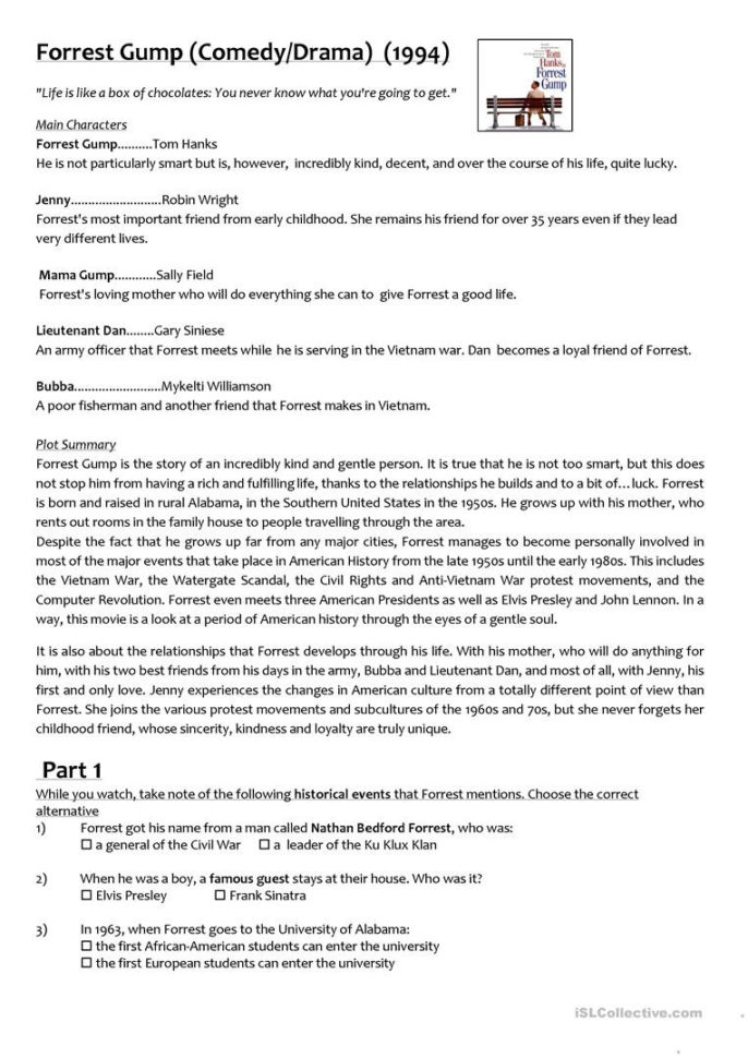 Forrest Gump  English Esl Worksheets