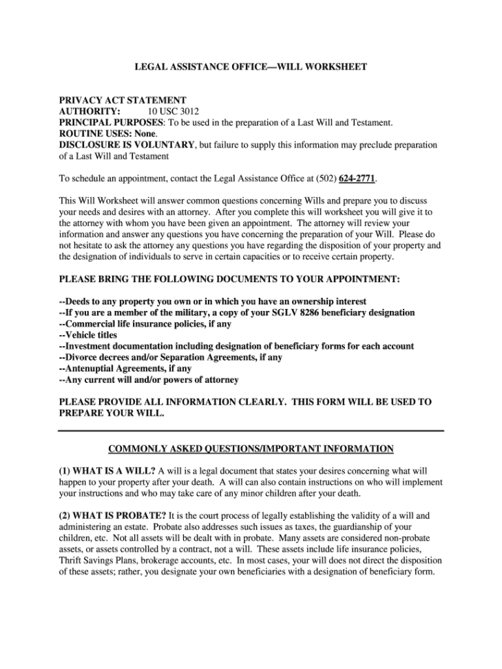 Fort Knox Will Worksheet  Fill Online Printable Fillable Blank