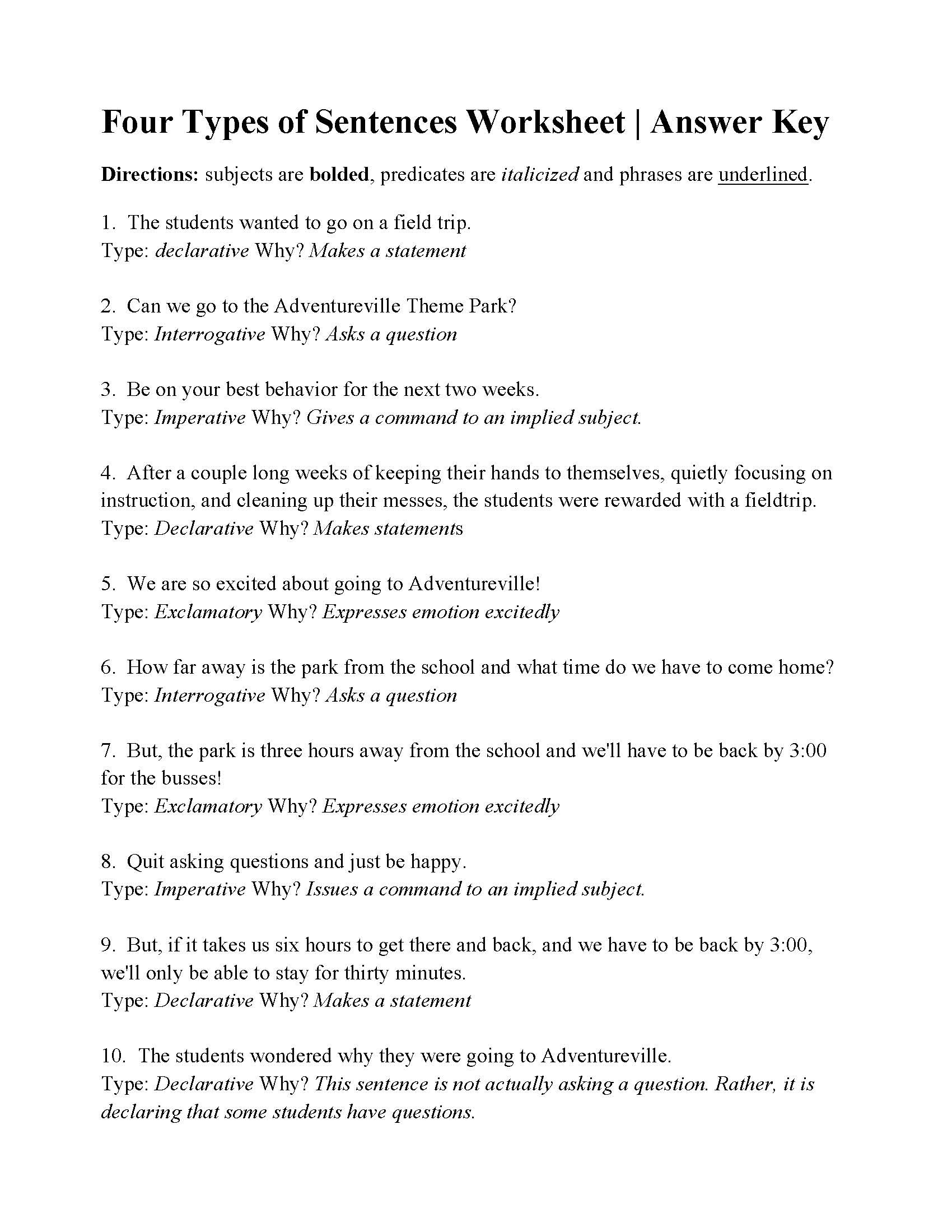 Four Types Of Sentences Worksheet Answers Pdf