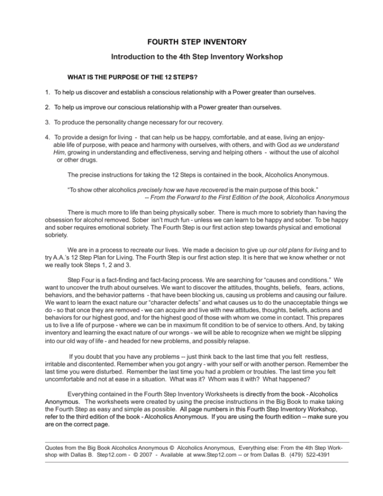 Fourth Step Inventory Introduction To The 4Th Step Inventory Fourth Step Inventory Introduction To The 4Th Step Inventory