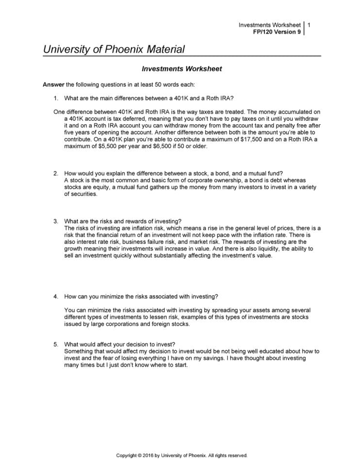 Fp120 R9 Investment Worksheet  Fp 101 Foundations Of