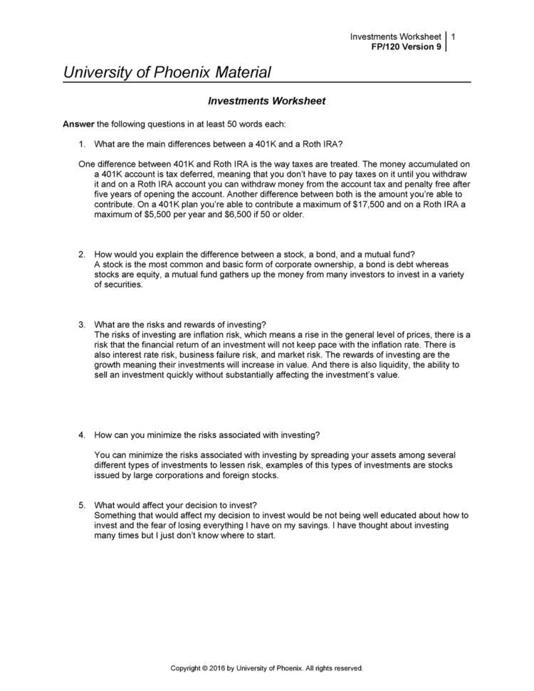 Fp120 R9 Investment Worksheet  Fp 101 Foundations Of