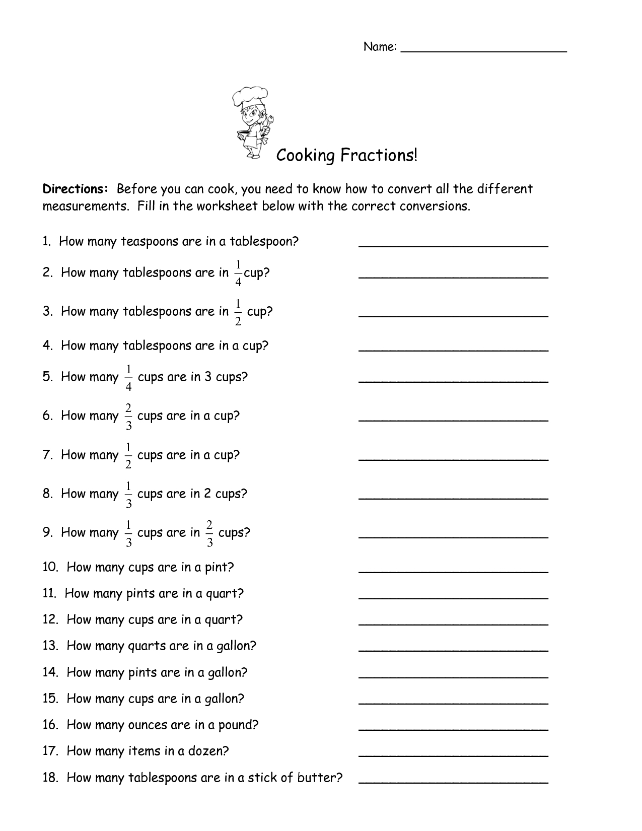 Fraction Cooking A Year 3 Fractions Worksheet Steve Cook