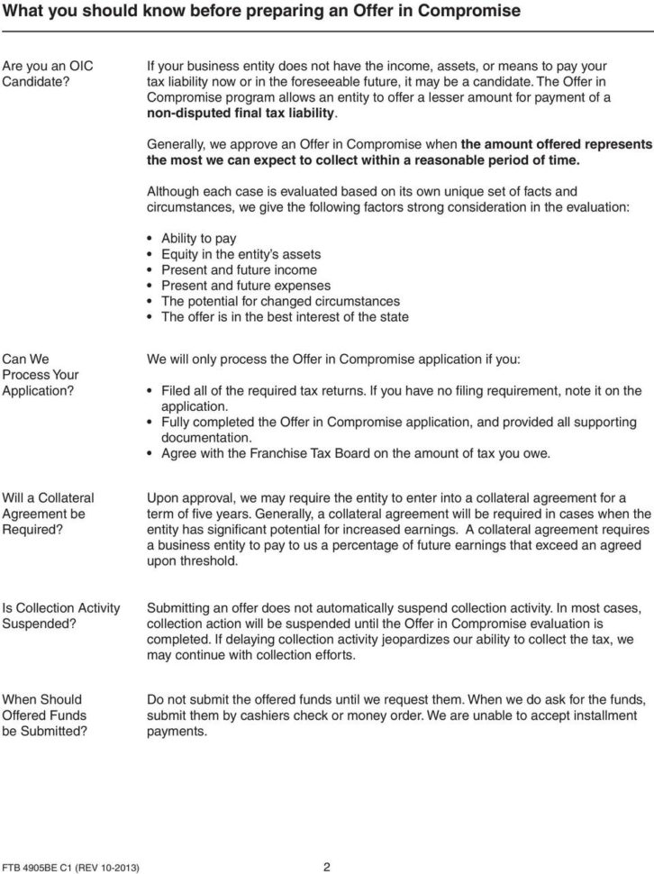 Franchise Tax Board 4905Be Booklet Offer In Compromise For