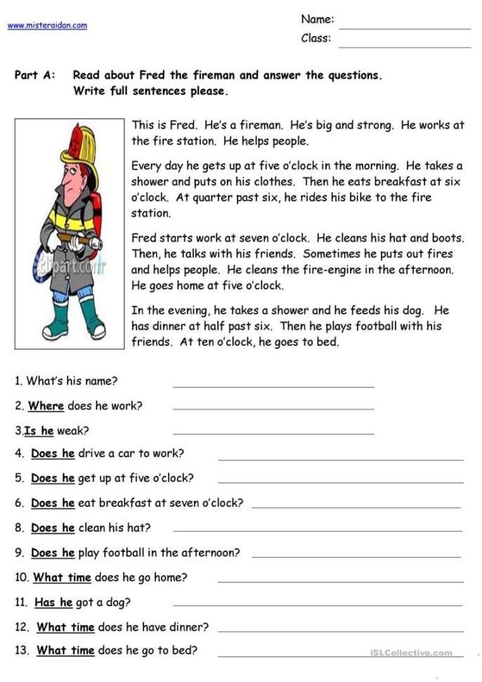 Fred The Fireman  Reading Comprehension  English Esl