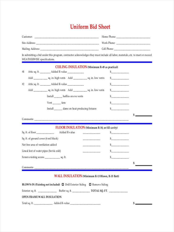 Free 10 Bid Sheet   Samples In Pdf  Word  Pages