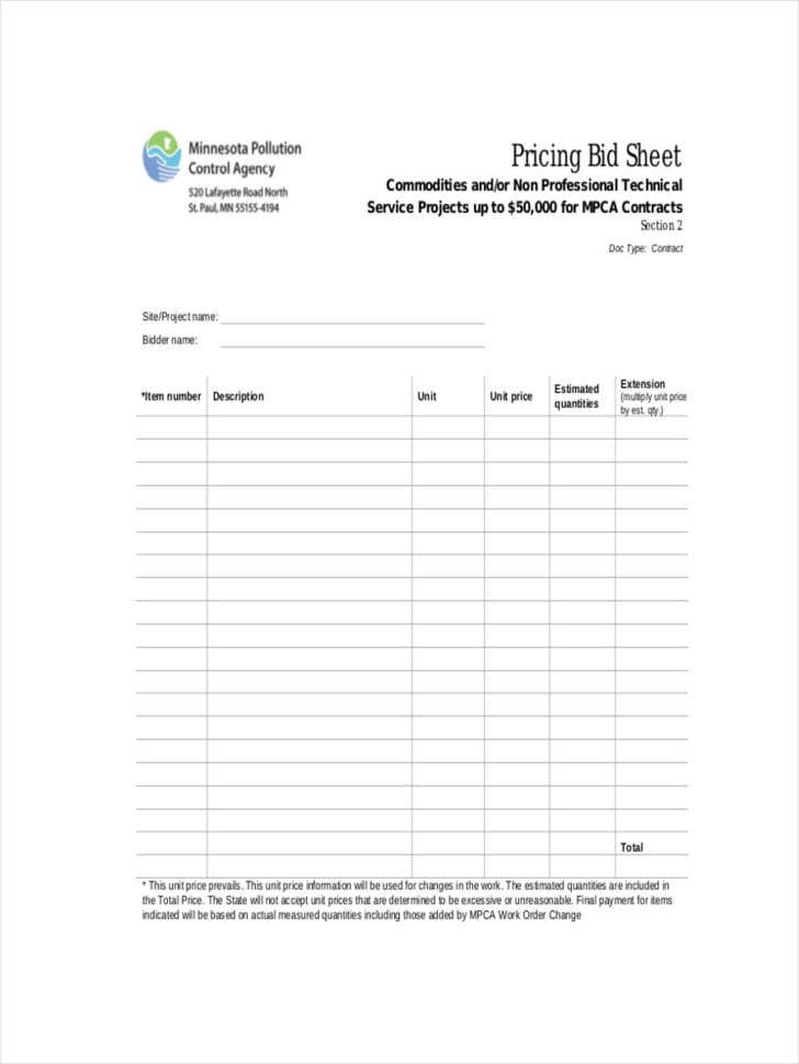 Free 10 Bid Sheet   Samples In Pdf  Word  Pages