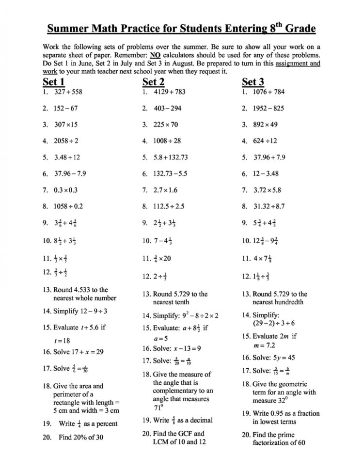 Free 8Th Grade Maths And Answers Best Math Worksheet