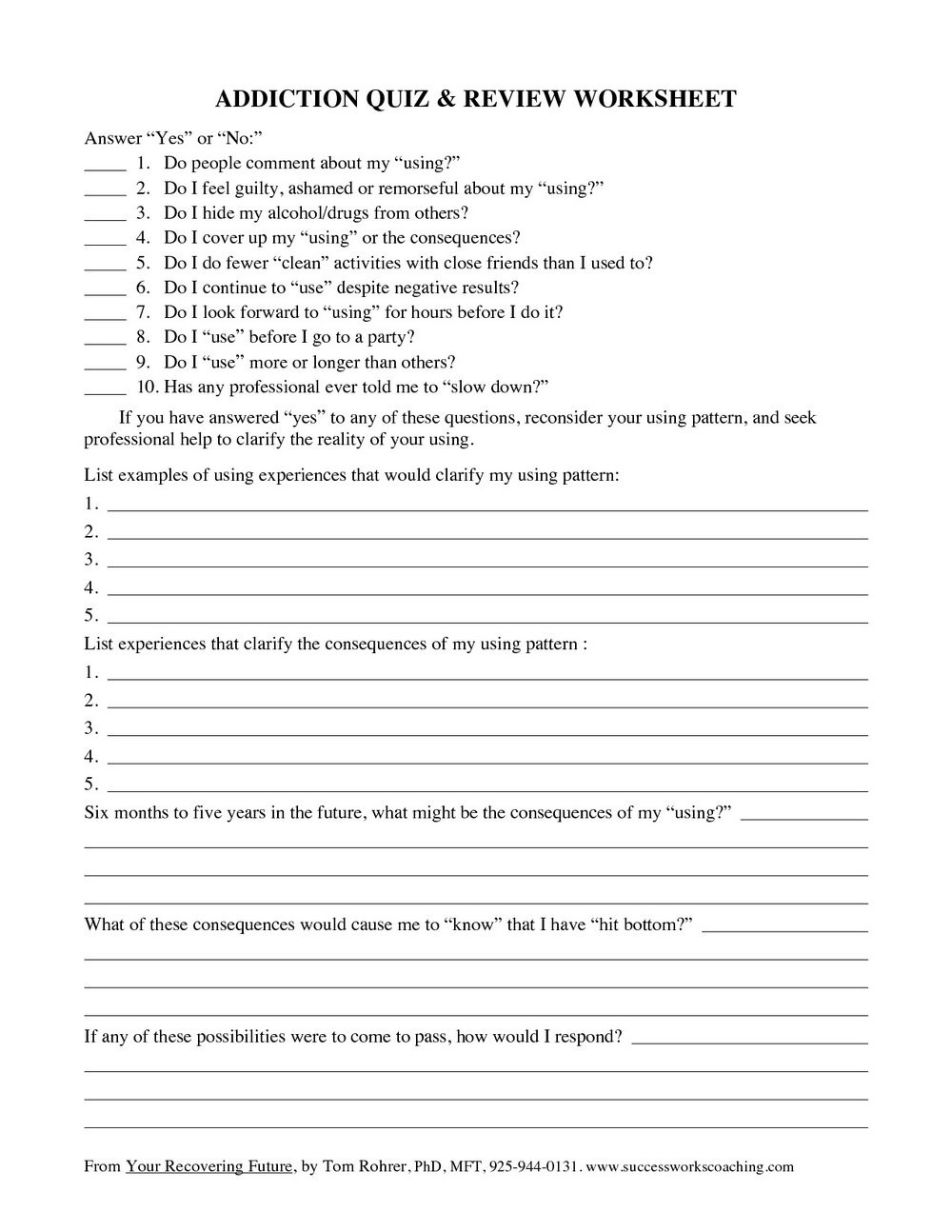 Free Drug Addiction Recovery Worksheets  Universal Network