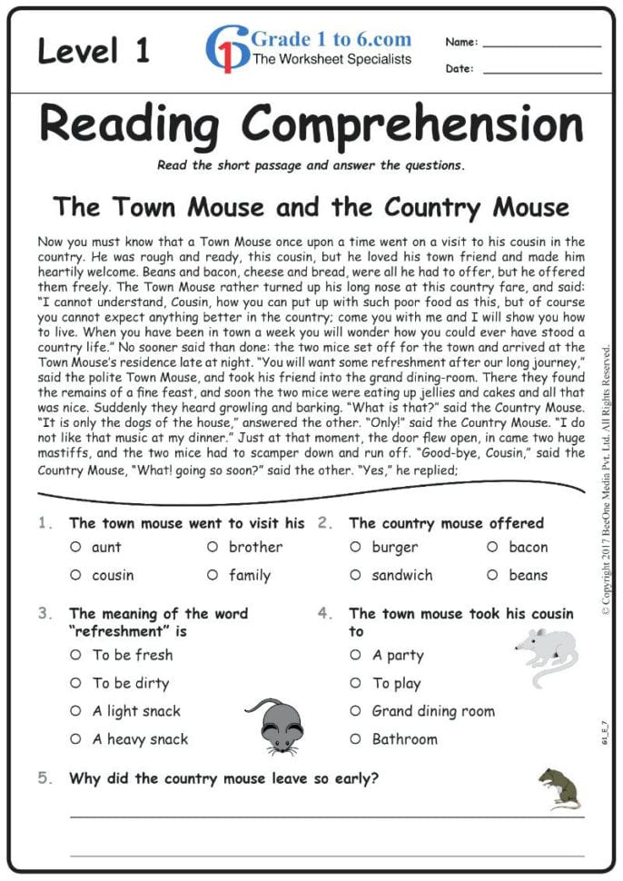 Free English Reading Comprehension Worksheets For Grade 2