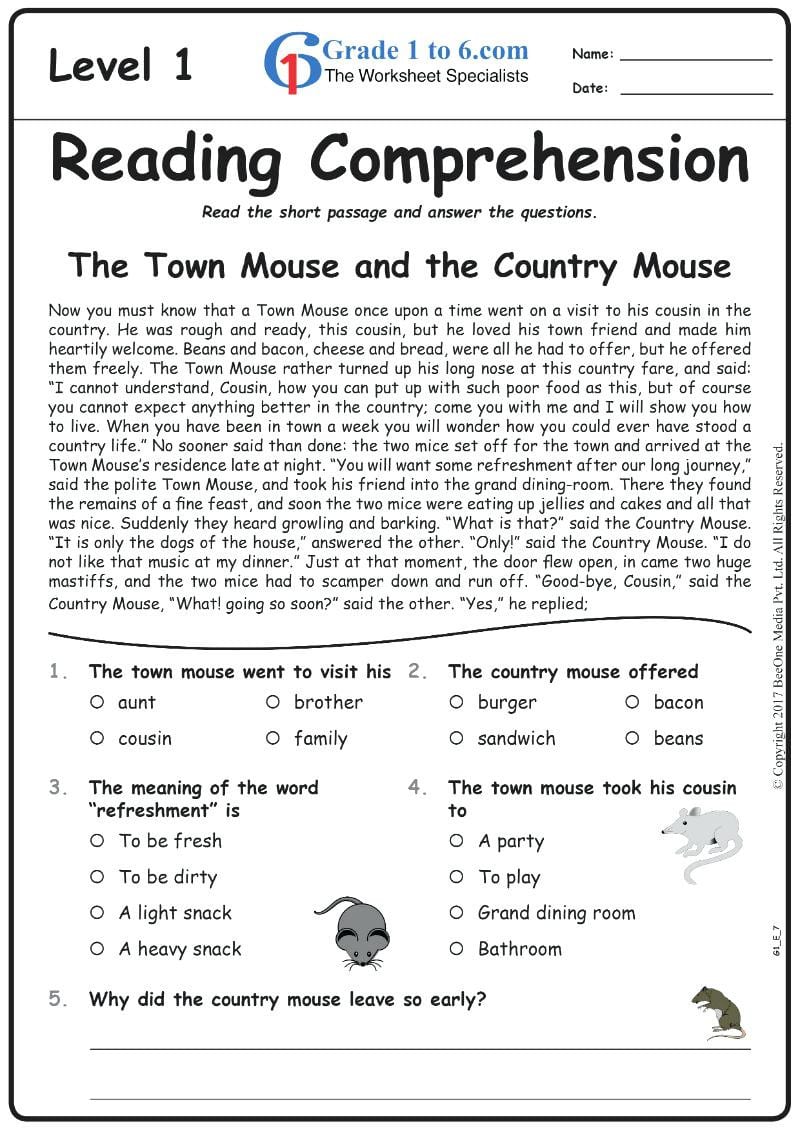 Reading Comprehension Worksheets Grade 6