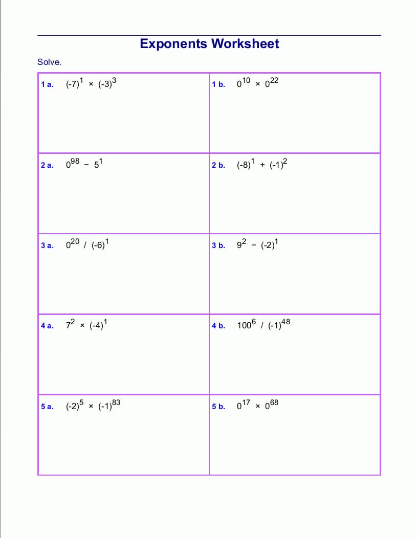 Free Exponents Worksheets