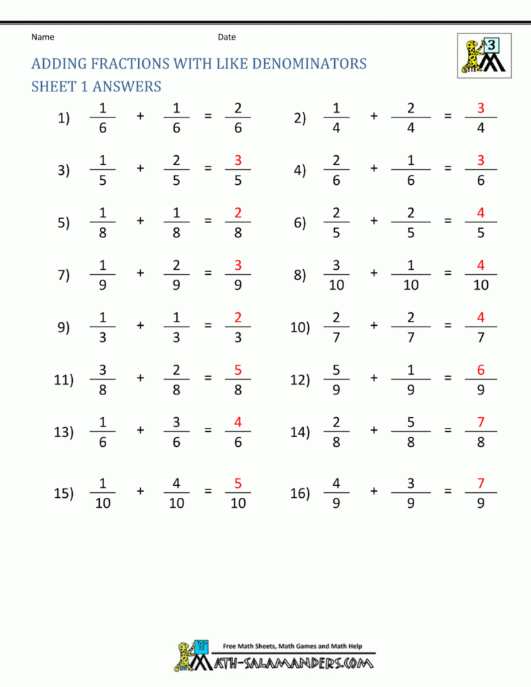 Free Fraction Worksheets Adding Subtracting Fractions