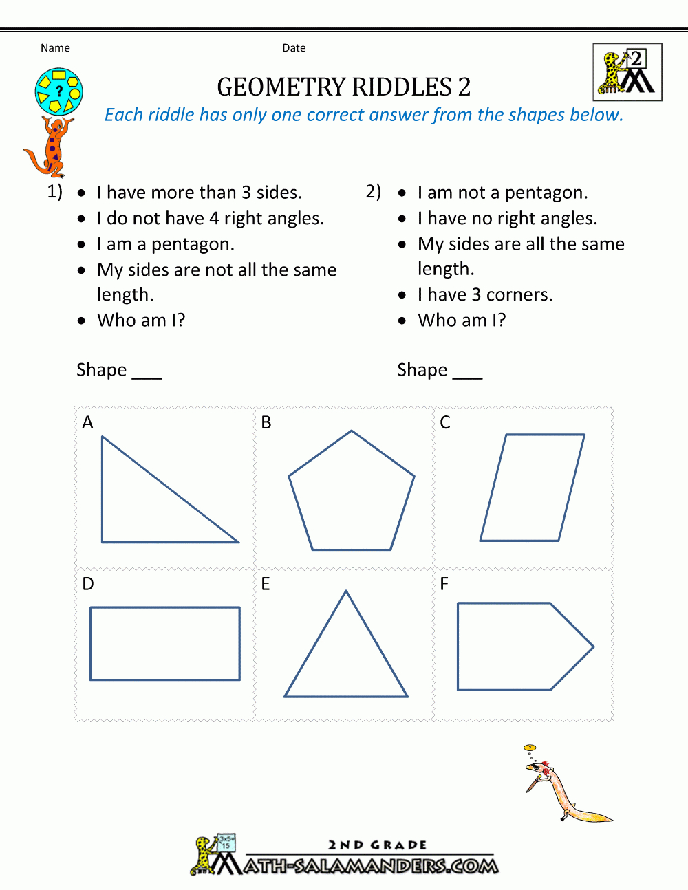 Free Geometry Worksheets 2Nd Grade Geometry Riddles Db excel