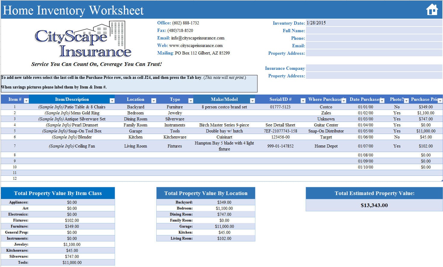 Free Home Inventory Worksheet  Cityscape Insurance