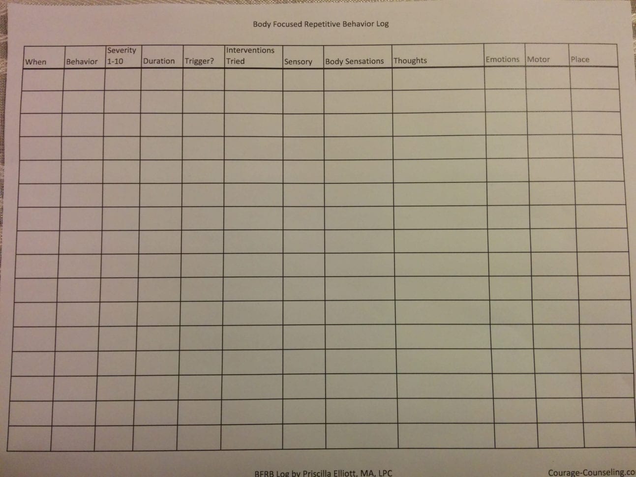 Free Log To Track Skin Picking Trichotillomania And Bfrbs