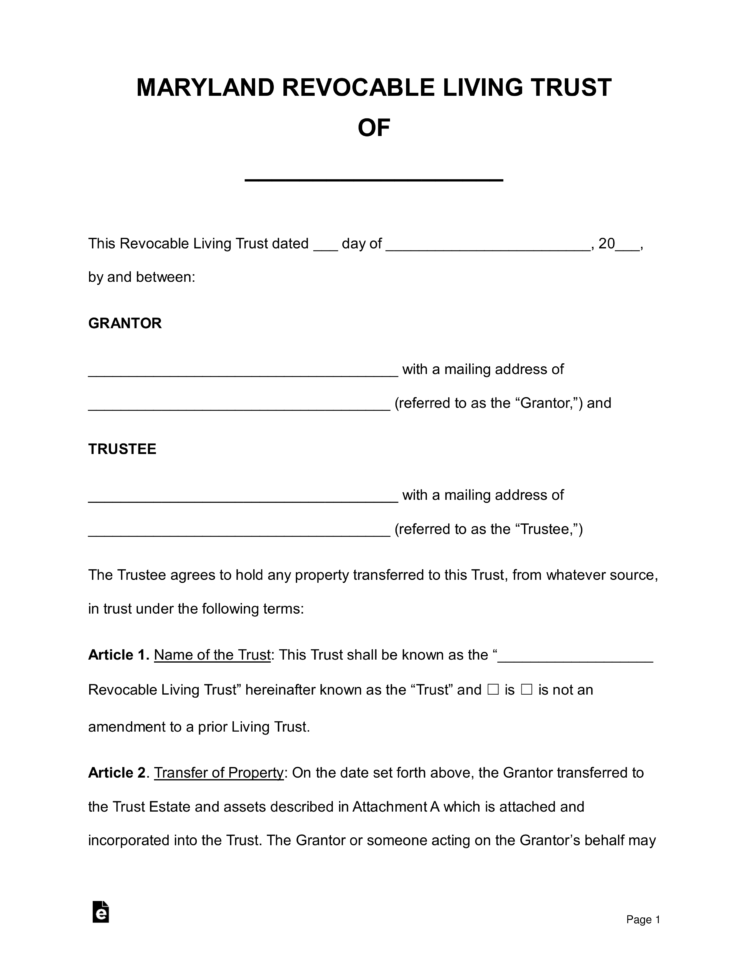 Free Maryland Revocable Living Trust Form  Pdf  Word
