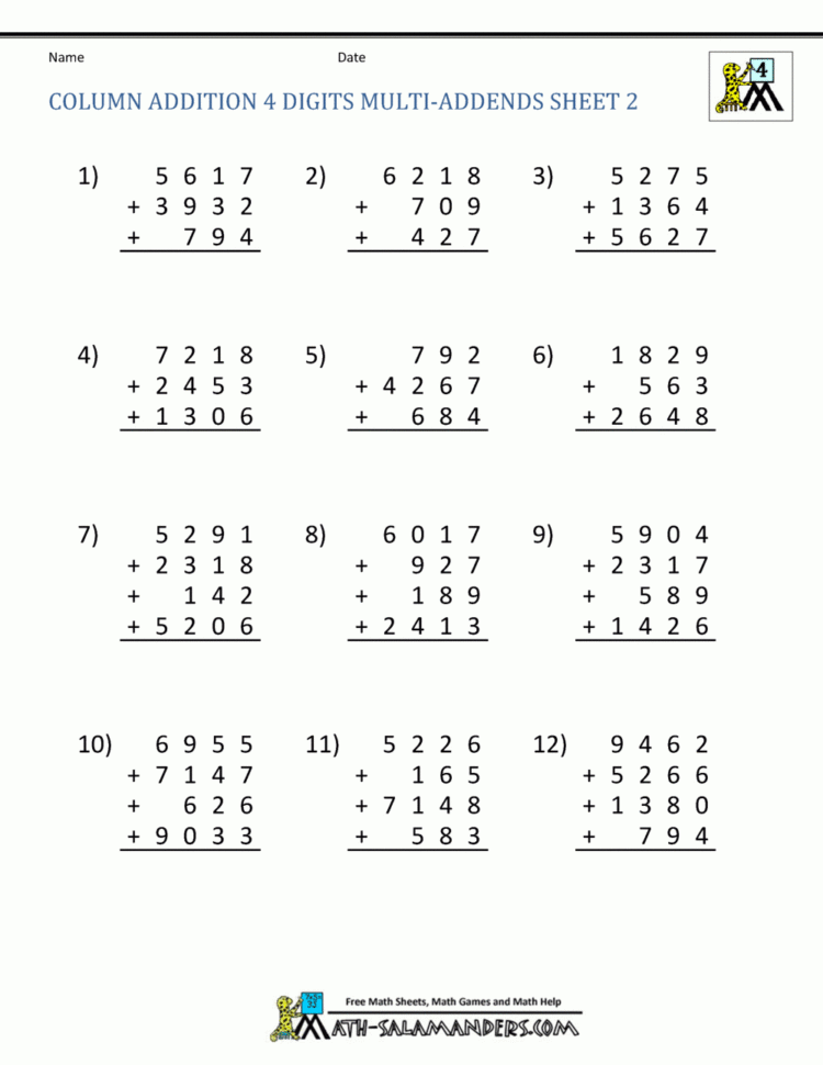 Free Math Addition Worksheets 4Th Grade