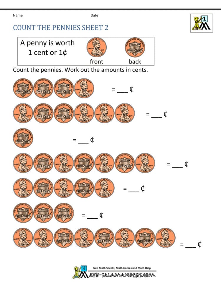 Free Math Money Worksheets Grade For Kids Count The Pennies