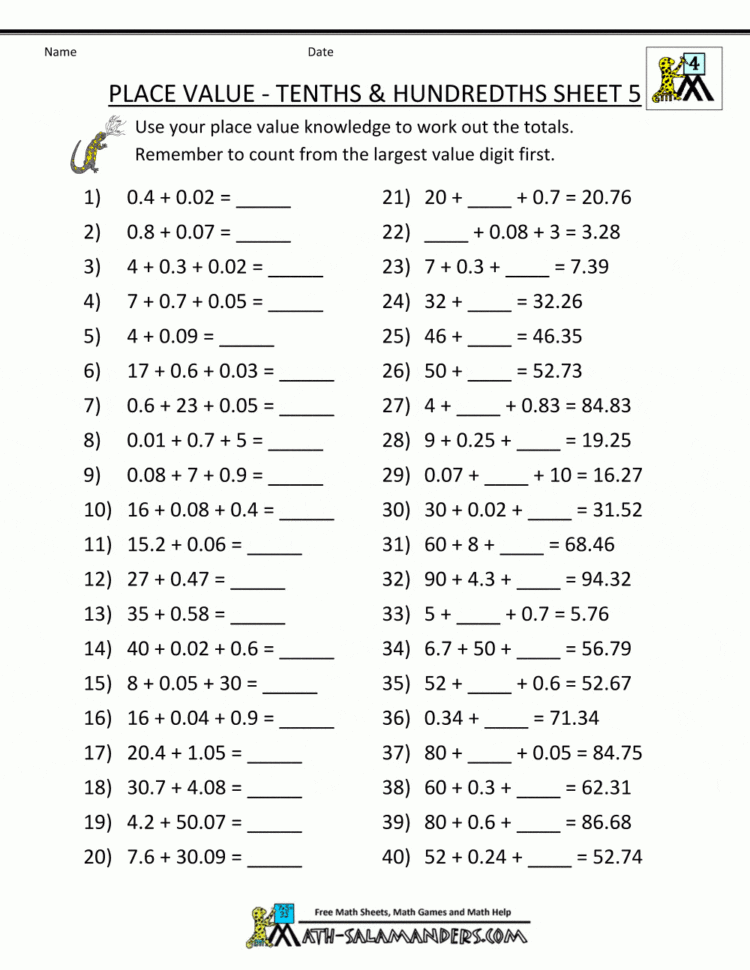 Free Math Worksheets On Decimal Place Value
