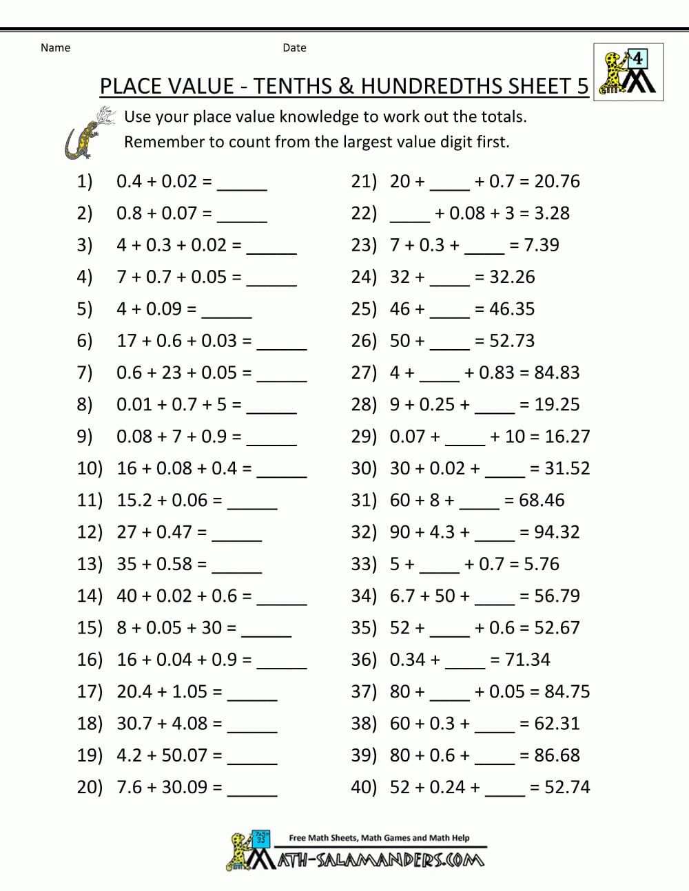 Place Value Worksheets 4Th Grade Db excel